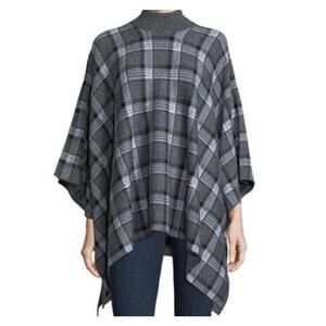 Theory Women Gray Black Plaid Poncho Cape Top Mock Neck Oversized asymmetrical S